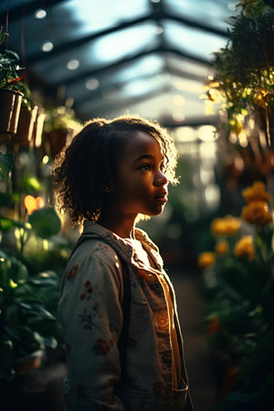 Beautiful african american girl in a greenhouse with flowers.の素材