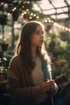 Beautiful young woman in a greenhouse. Portrait of a girl in the greenhouse.の素材