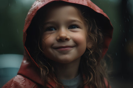 Portrait of a little girl in a red raincoat and hoodの素材