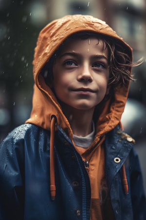 Portrait of a cute little boy in a raincoat on the streetの素材