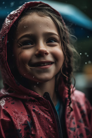Portrait of a little girl in raincoat looking at camera.の素材