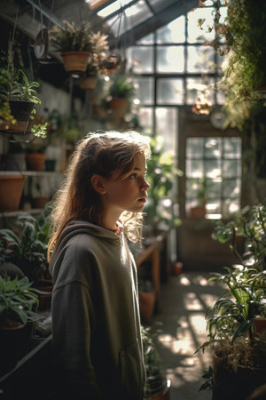Cute teenage girl in a greenhouse with a lot of plants.の素材