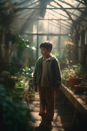 Cute little boy in a greenhouse, selective focus, vintage toneの素材