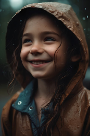 Portrait of a smiling little girl in a raincoat and hatの素材
