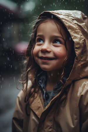 Portrait of a smiling little girl in a raincoat outdoors.の素材