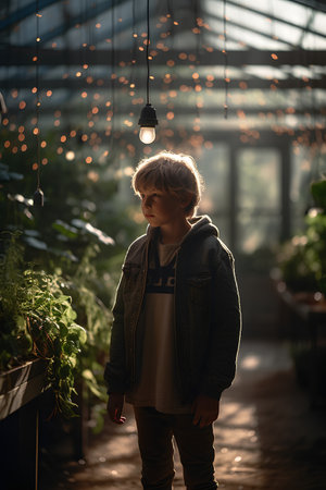 Cute little boy in a greenhouse with light bulbs and seedlingsの素材