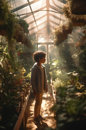 Little boy in a greenhouse with flowers and plants in the sunlight.の素材