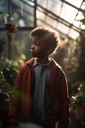 Portrait of a cute African-American boy in a greenhouse.の素材