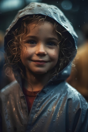 Portrait of a little boy in raincoat and hood at nightの素材