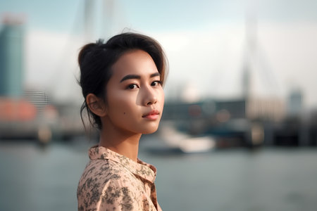 Portrait of a beautiful young Asian woman with a city in the backgroundの素材