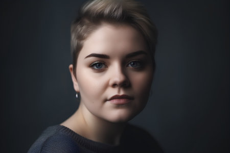 Portrait of a beautiful young woman with blue eyes on dark backgroundの素材