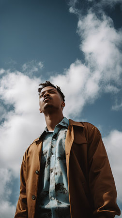 Portrait of a young african american man in a coat on a background of blue skyの素材