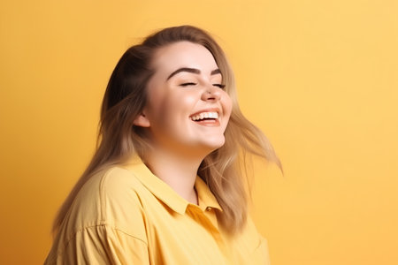 Young happy smiling woman in yellow shirt over yellow background. Studio shot.の素材