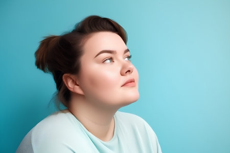 Portrait of a beautiful young woman looking up over blue background.の素材