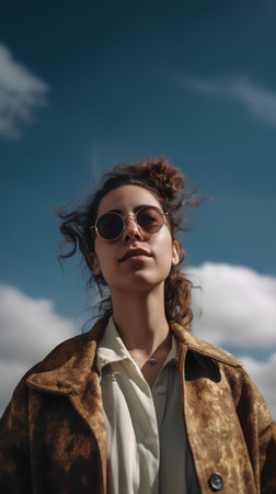 Portrait of a young beautiful woman in a coat and sunglasses.の素材