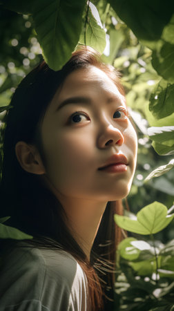 Portrait of beautiful asian woman with green leaves in the garden.の素材