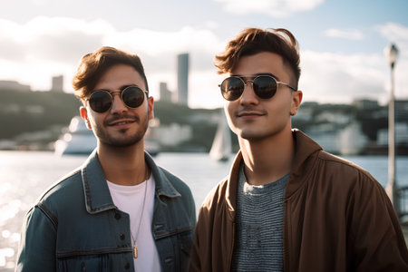 Portrait of two young men in sunglasses looking away while standing outdoorsの素材