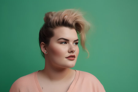 Portrait of beautiful young woman with creative hairstyle on green backgroundの素材