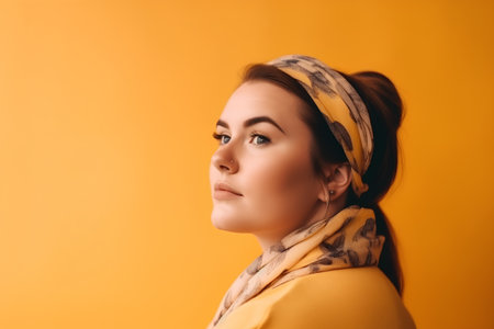 Portrait of a beautiful young woman in a headscarf on a yellow backgroundの素材