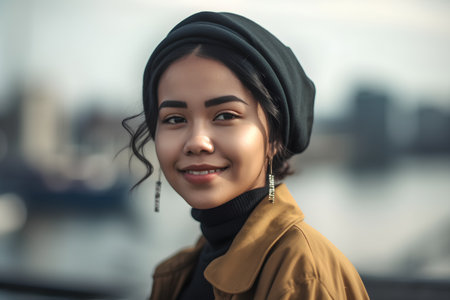 Portrait of a beautiful asian woman smiling in the city.の素材