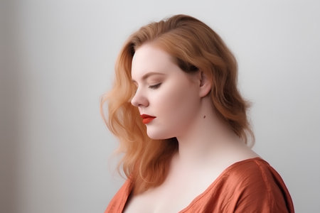 Portrait of a beautiful red-haired girl on a gray backgroundの素材