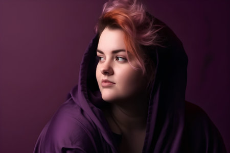 Portrait of a beautiful woman with pink hair in a purple hoodの素材