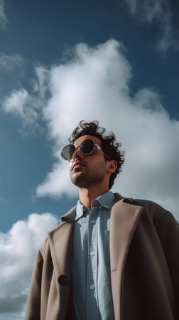 Young handsome man in coat and sunglasses on blue sky background with cloudsの素材