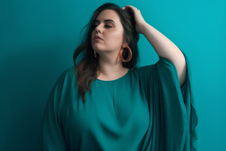Portrait of a beautiful young woman in a turquoise dressの素材