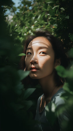 Beautiful asian woman face in green leaves background, beauty conceptの素材