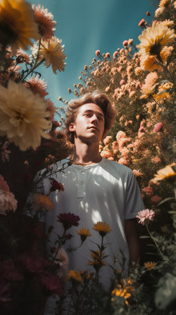 Handsome young man with blond hair in a field of flowersの素材