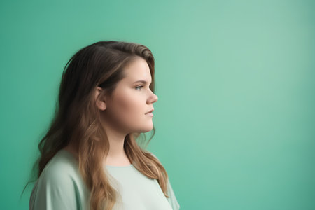 Portrait of a beautiful young woman looking away on a green backgroundの素材