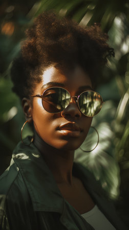 Beautiful african american woman with afro hairstyle wearing sunglassesの素材