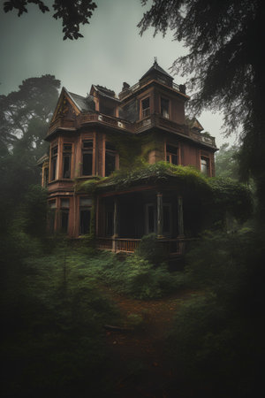 Old house in the forest on a foggy day. 3d renderingの素材