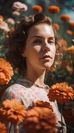 Portrait of a beautiful young girl with a bouquet of flowersの素材