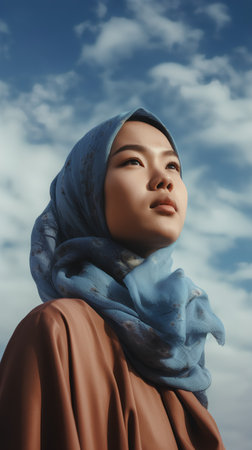 Portrait of beautiful asian muslim woman with blue hijab.の素材