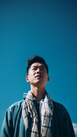 young asian man in coat and scarf looking away on blue sky backgroundの素材
