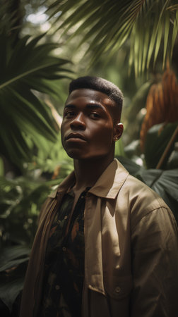 Portrait of a young African man in a raincoat in the jungleの素材