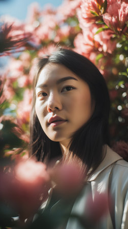 portrait of a beautiful asian girl in a park in springの素材