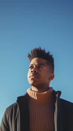 Portrait of a young african american man against blue skyの素材