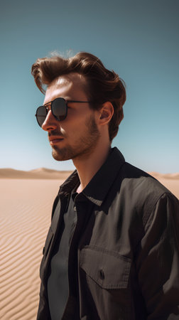 Handsome young man in sunglasses looking away while standing in the desertの素材