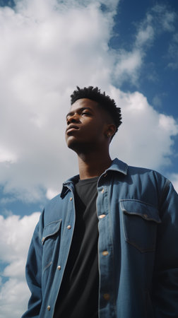 Young african american man in blue jeans jacket on cloudy sky backgroundの素材