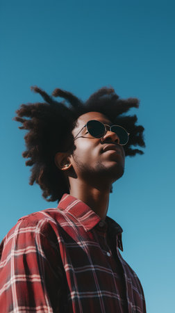 stylish african american man in checkered shirt and sunglasses looking awayの素材