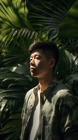 Portrait of a young handsome asian man in the jungle.の素材