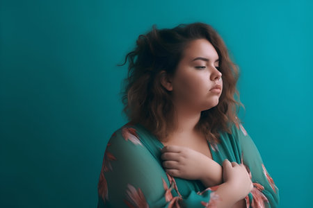 Portrait of a beautiful young woman in a turquoise dressの素材