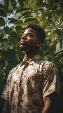 Handsome african american man in shirt and earphones standing in green foliage.の素材