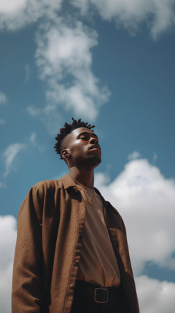Young african american man in coat against blue sky with clouds.の素材