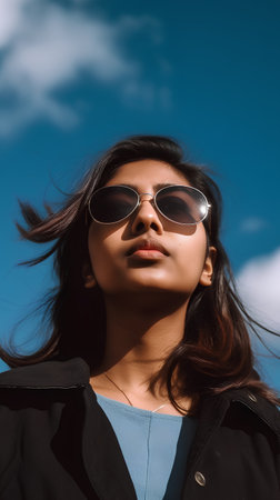 Portrait of a beautiful young asian woman in sunglasses against blue skyの素材