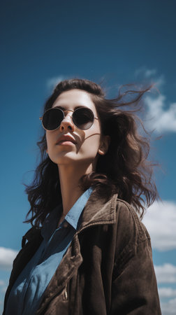 beautiful young woman in sunglasses posing on blue sky with clouds backgroundの素材