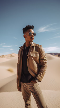 Handsome african american man in the desert. Fashion shot.の素材