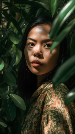 beautiful young asian woman looking at camera while standing among green leavesの素材